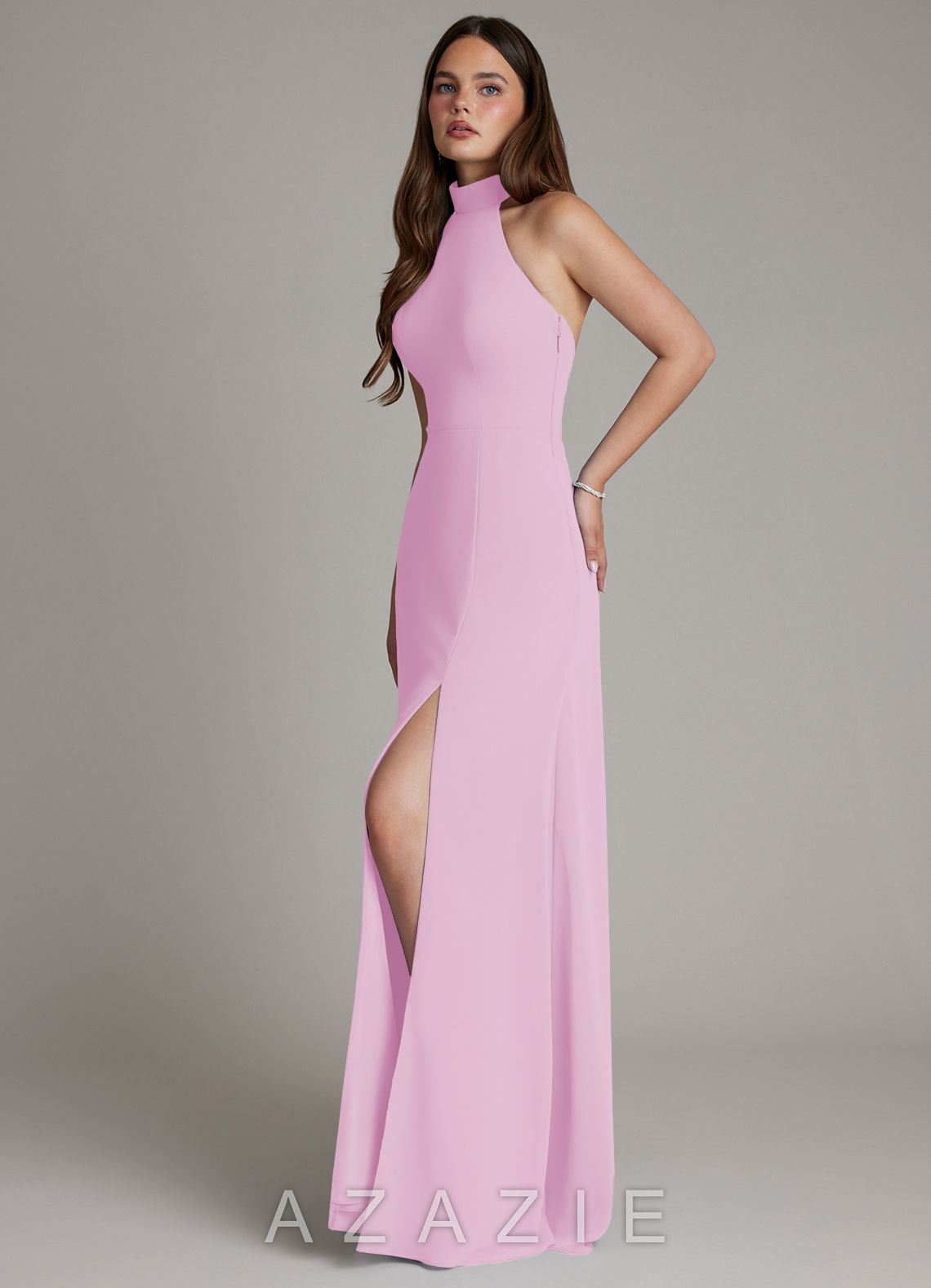 Azazie Myra Candy Pink A-Line High Neck Chiffon Dress candy_pink