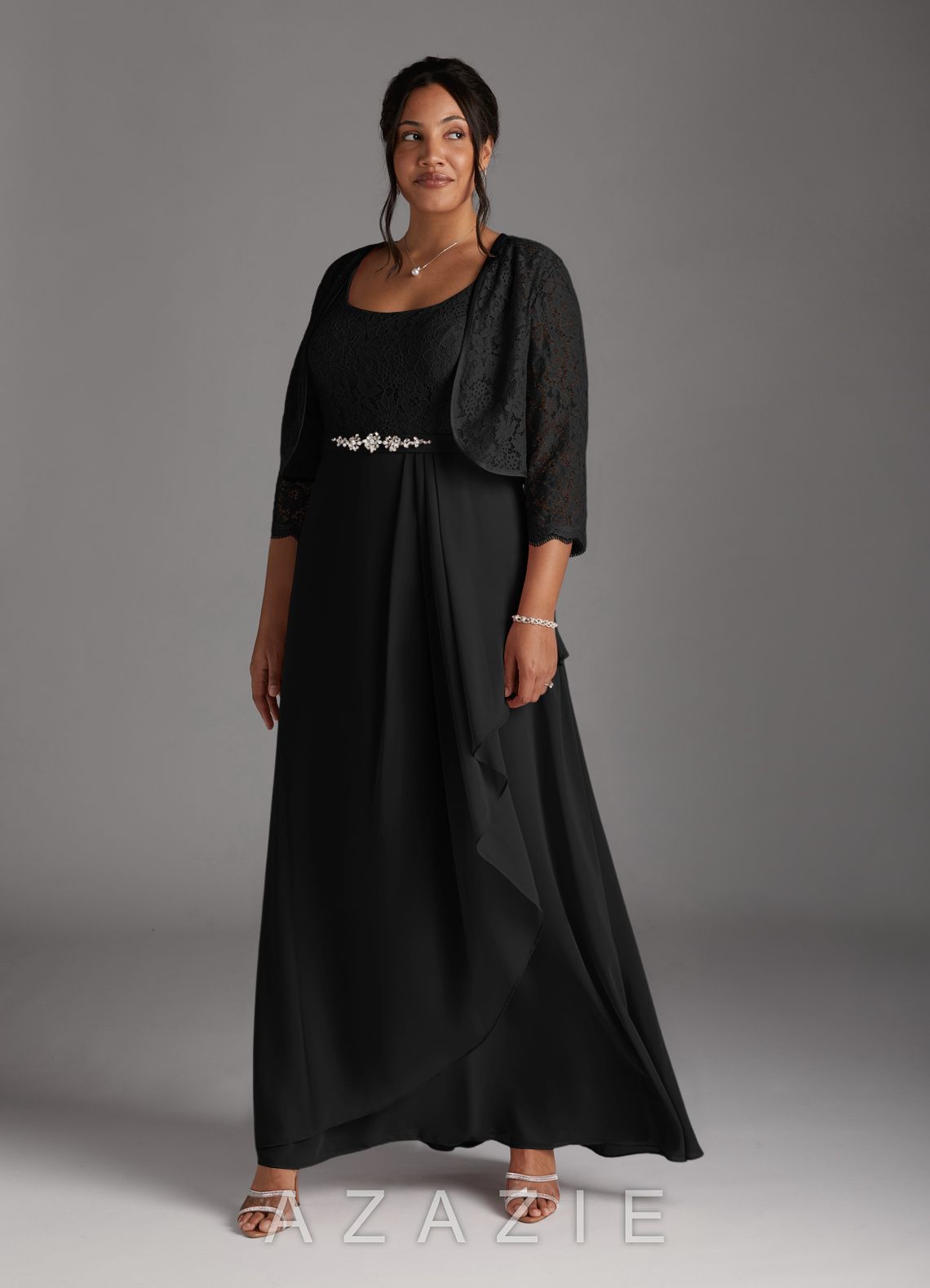 Azazie Ainsling Black A-Line Square Neckline Lace Chiffon Dress black
