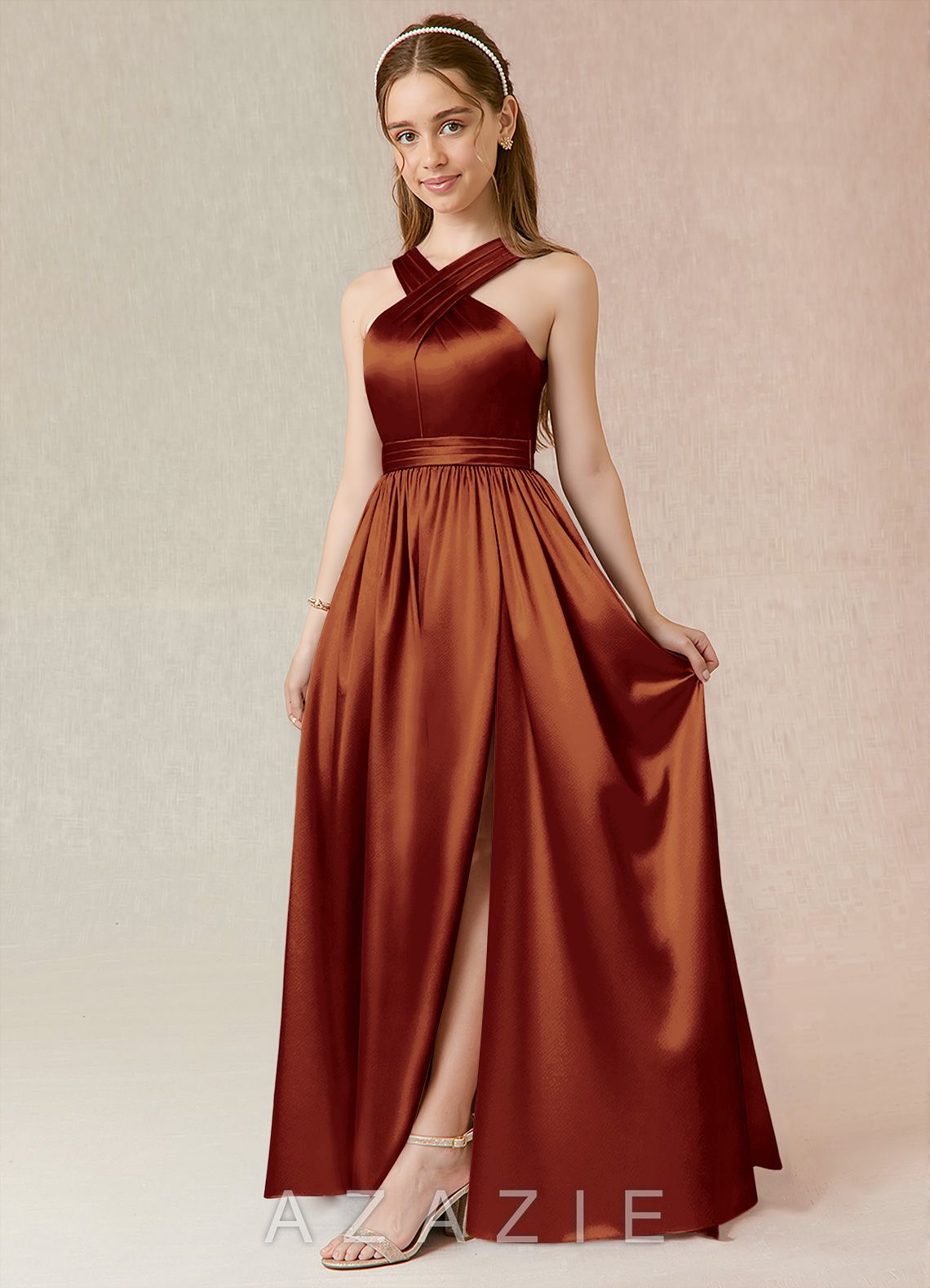 Azazie Jiya Junior Auburn A-Line Pleated Metallic Satin Dress