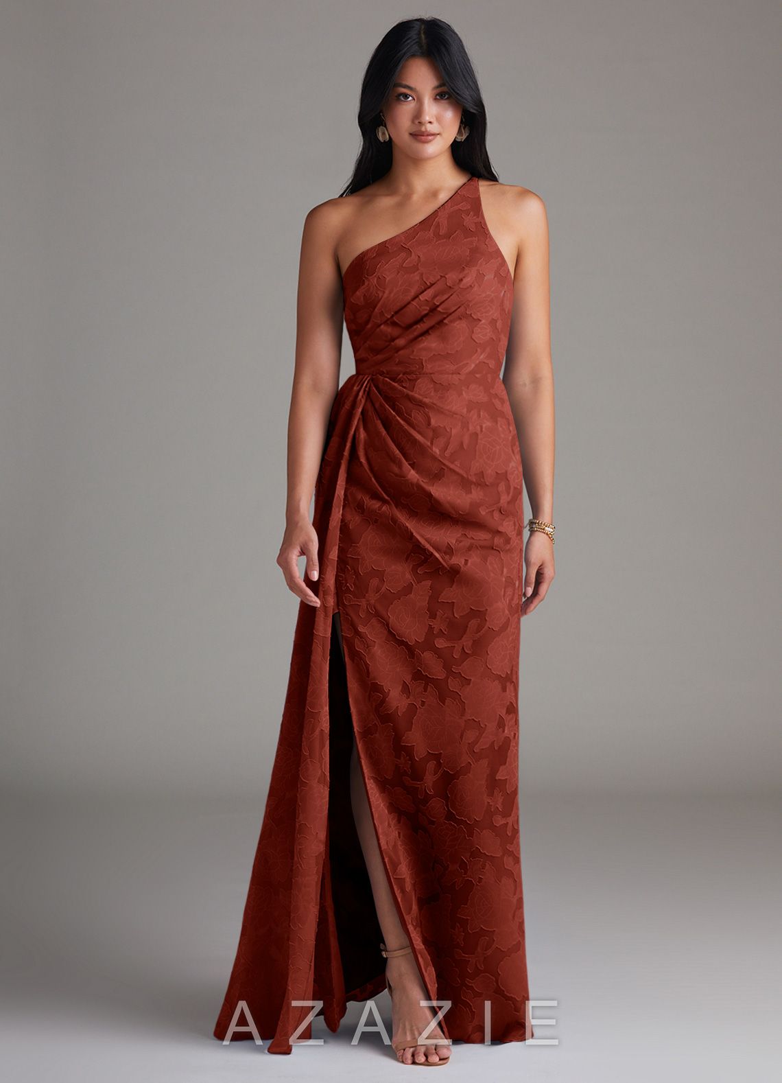 Azazie Mika Terracotta Sheath One Shoulder Floral Burnout Dress