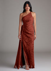 Azazie Mika Terracotta Sheath One Shoulder Floral Burnout Dress
