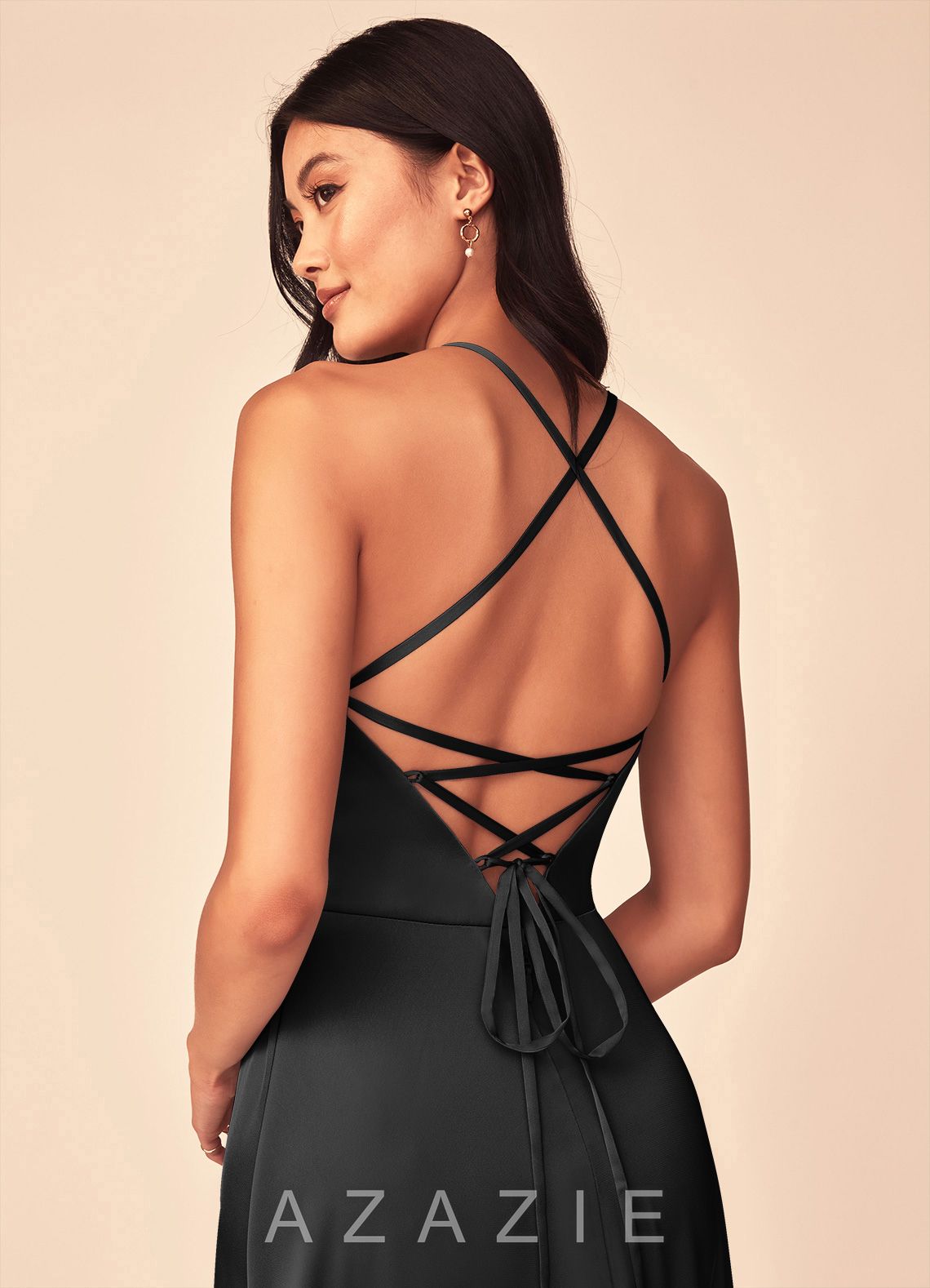 Azazie Mei Black A-Line V-Neck Stretch Satin Dress black