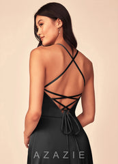 Azazie Mei Black A-Line V-Neck Stretch Satin Dress black