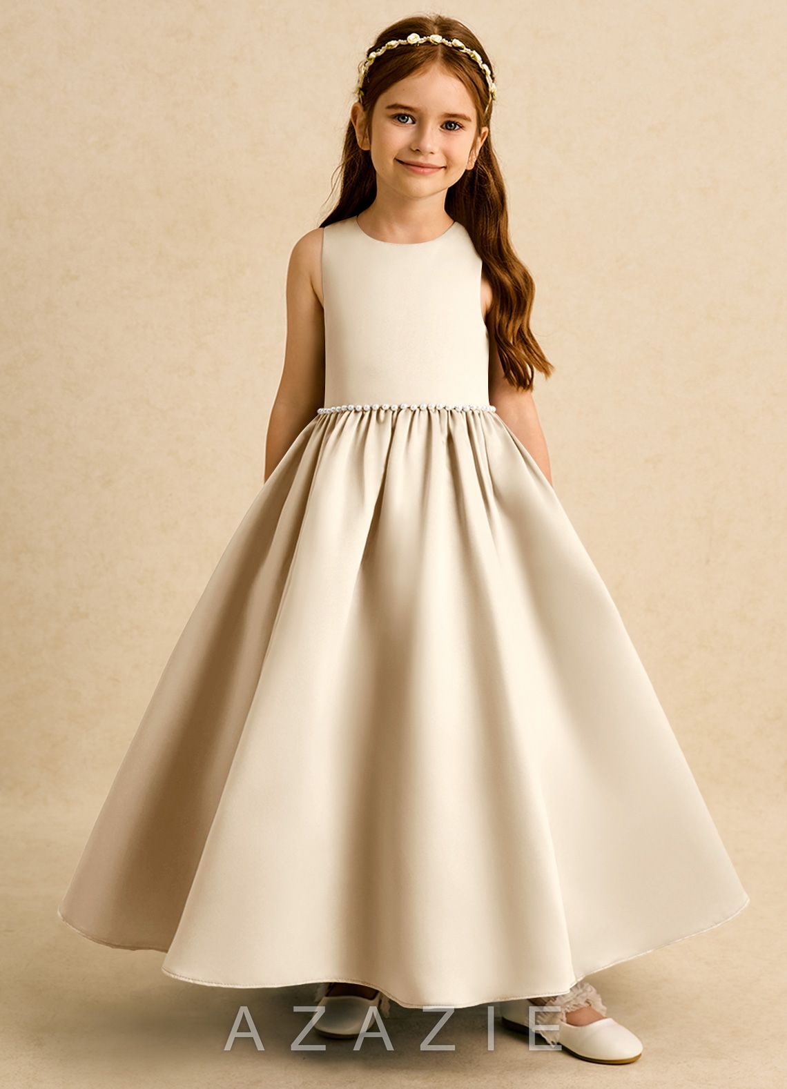 Azazie Daisies Champagne Ball-Gown Bow Matte Satin Dress champagne