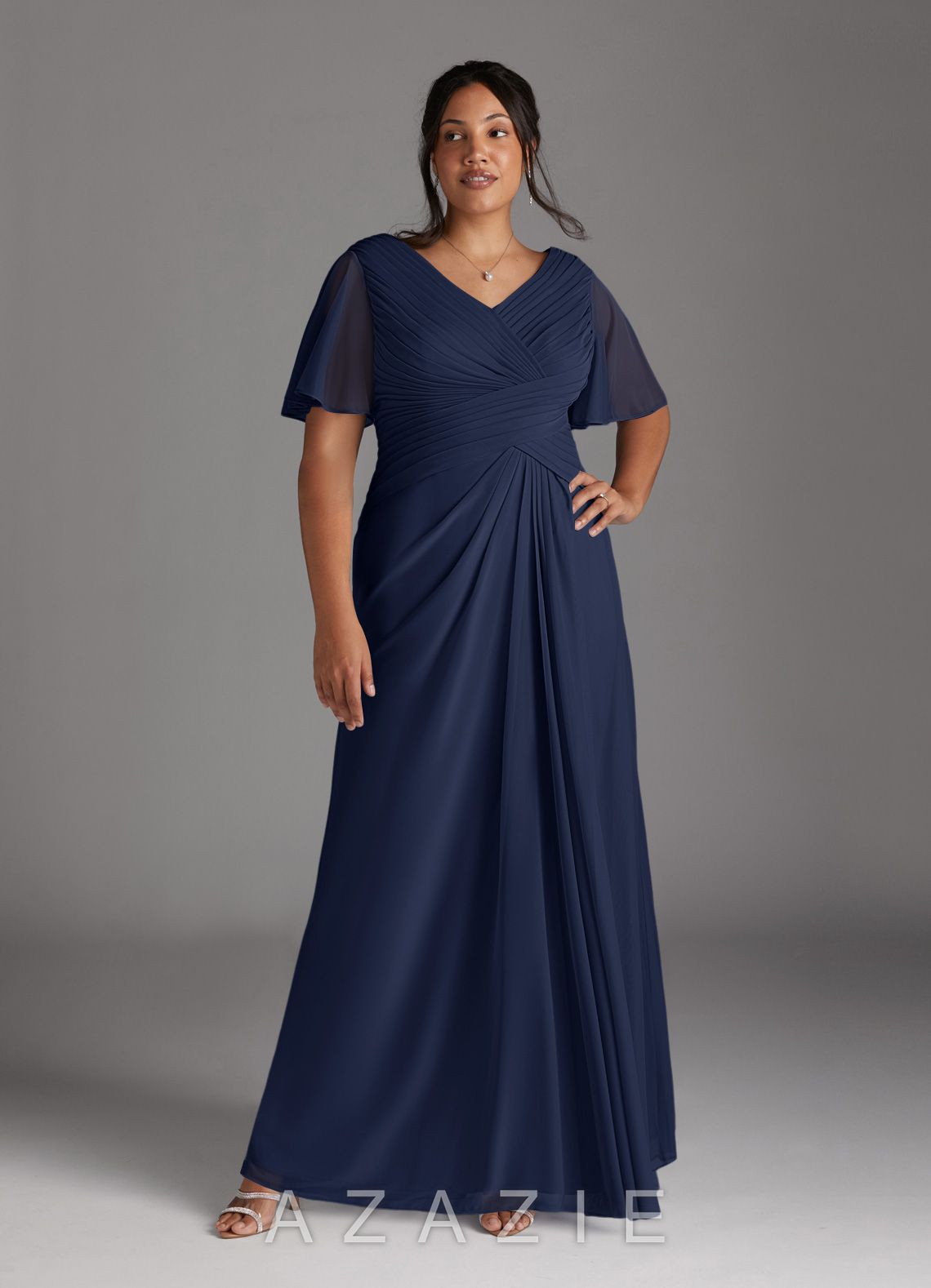 Azazie Emmeline Dark Navy A-Line V-Neck Pleated Mesh Dress dark_navy