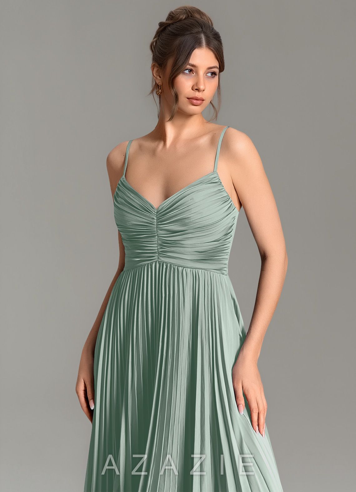 Azazie Blake Agave A-Line Pleated Stretch Satin Dress agave