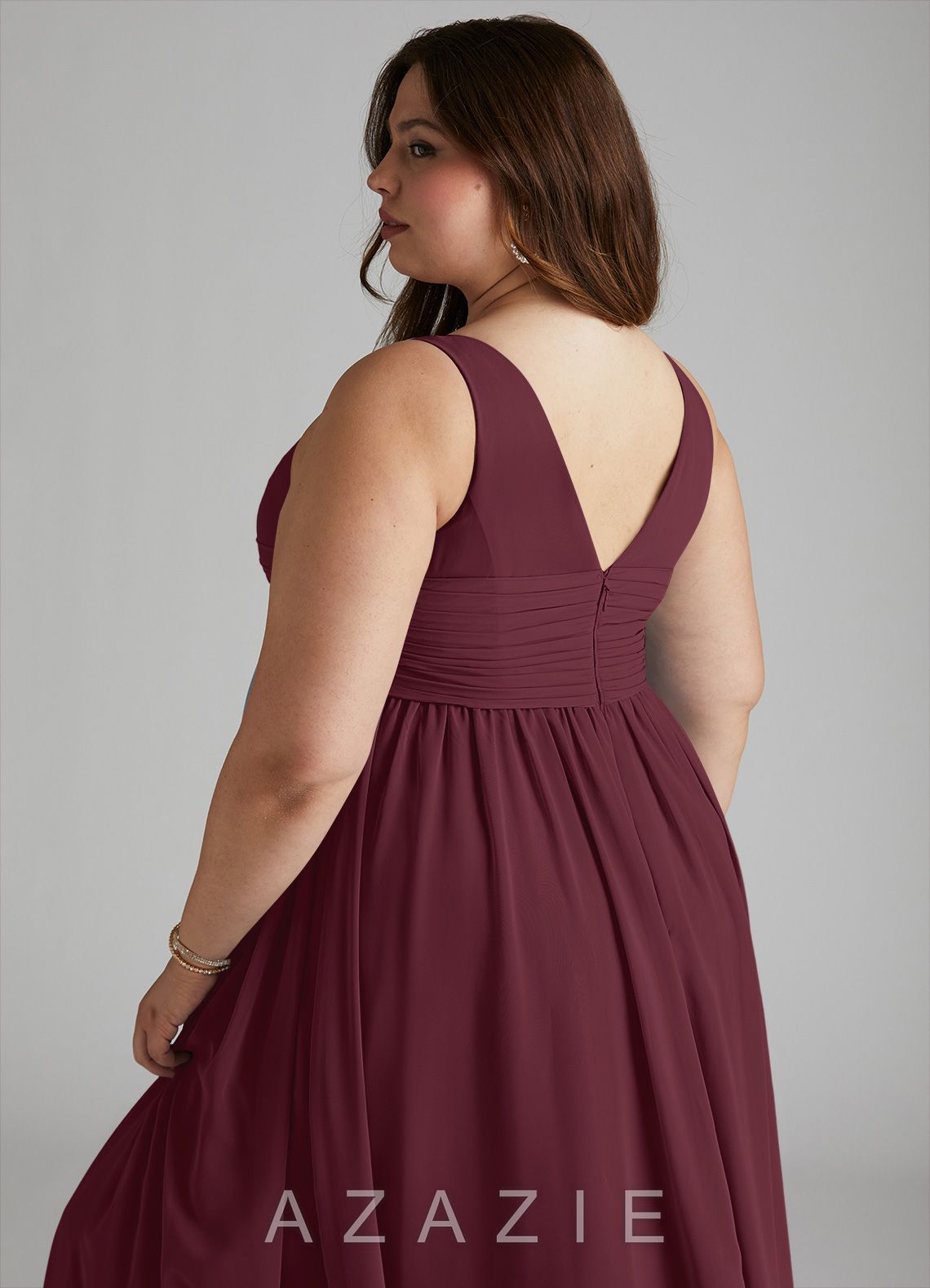 Azazie Yetta A-Line V-Neck Gathered Chiffon Floor-Length Dress