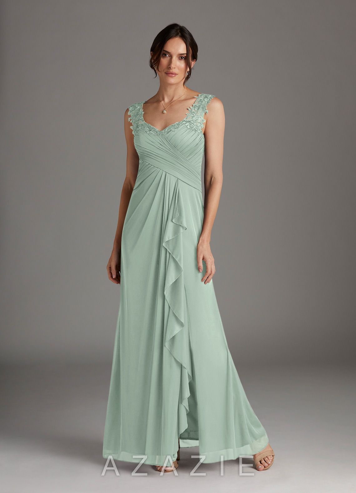 Azazie Edelin Agave A-Line Sweetheart Neckline Pleated Mesh Dress agave