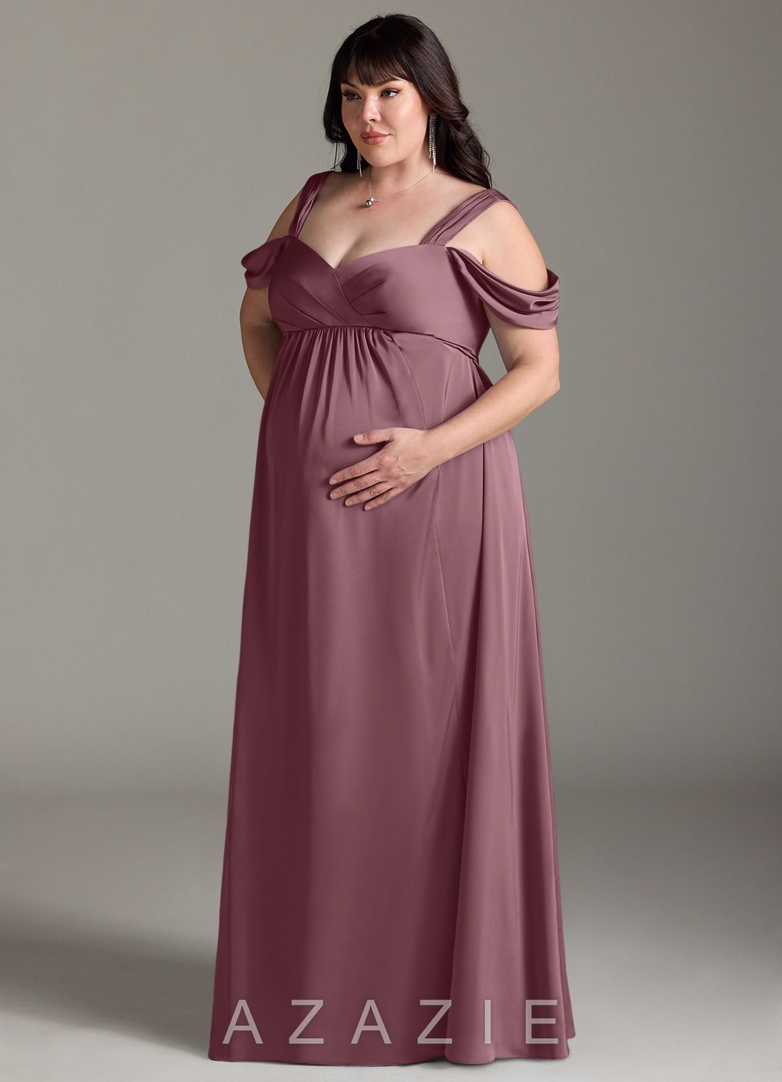 Azazie Rhea Stretch Satin Dress A-Line Off-The-Shouler Pleated Stretch Satin Floor-Length Dress amethyst