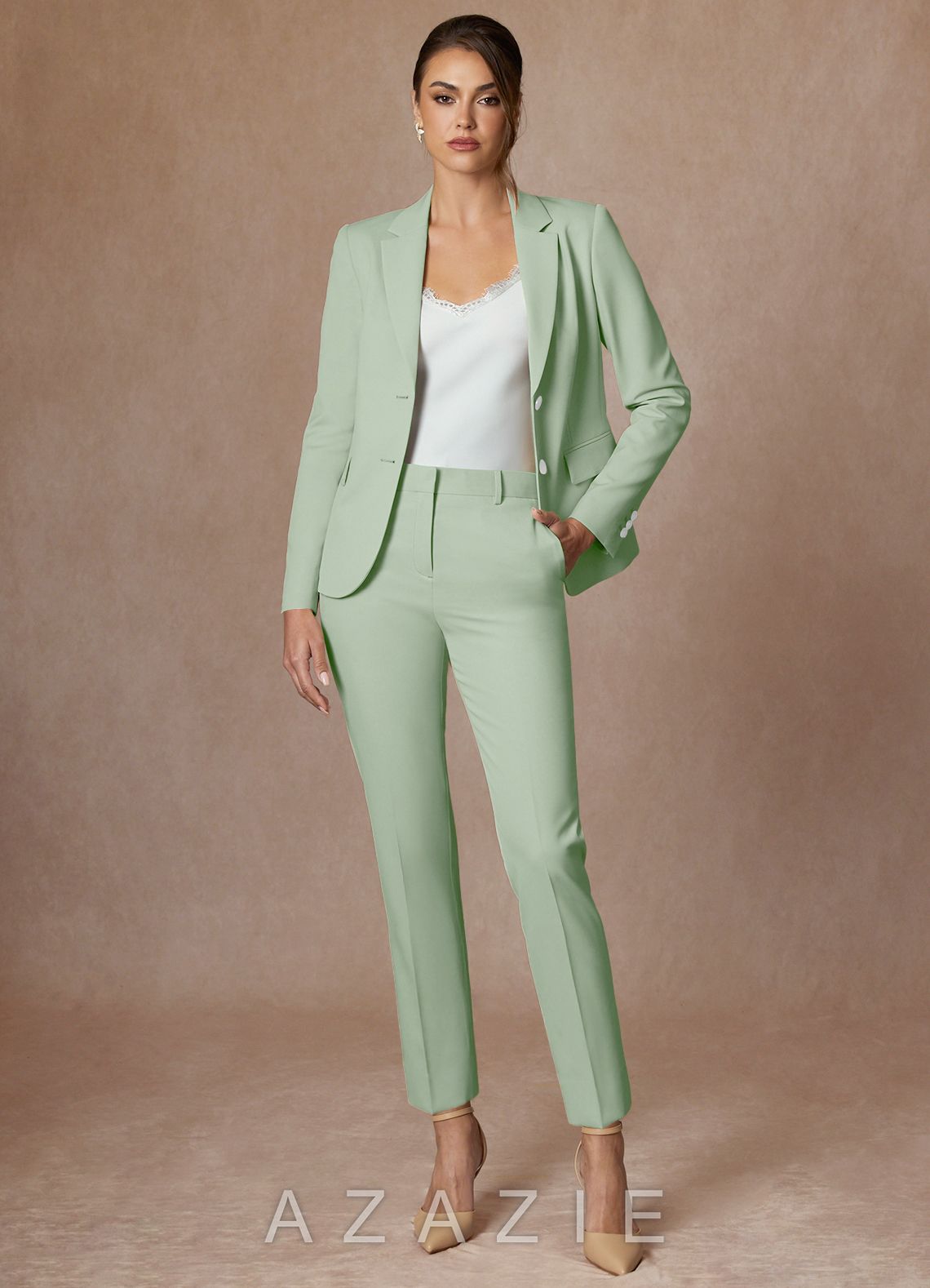Whitney Dusty Sage Refined Weave Performance Full Length Pants Suit