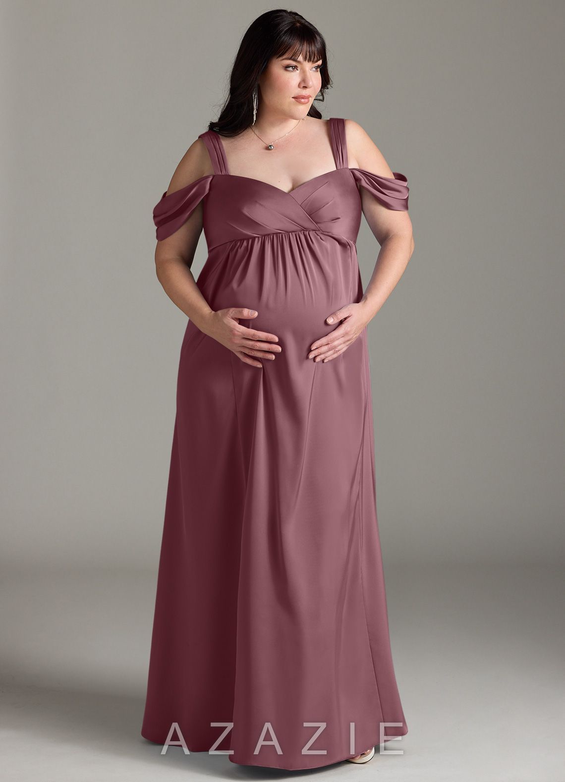 Azazie Rhea Stretch Satin Dress A-Line Off-The-Shouler Pleated Stretch Satin Floor-Length Dress amethyst