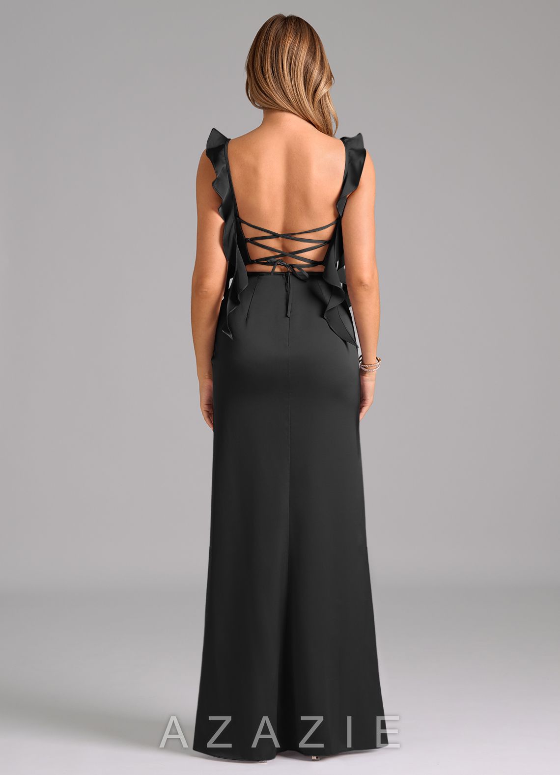Azazie Jessamine Black Sheath Corset Stretch Satin Dress black