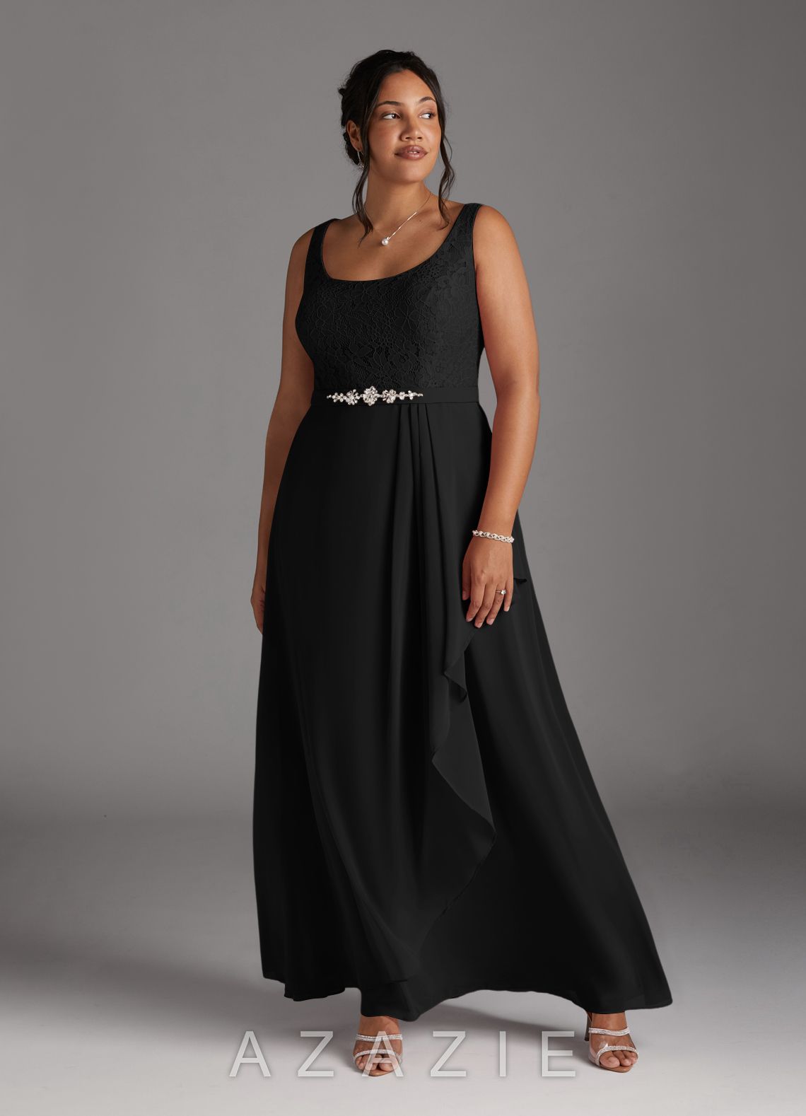 Azazie Ainsling Black A-Line Square Neckline Lace Chiffon Dress black