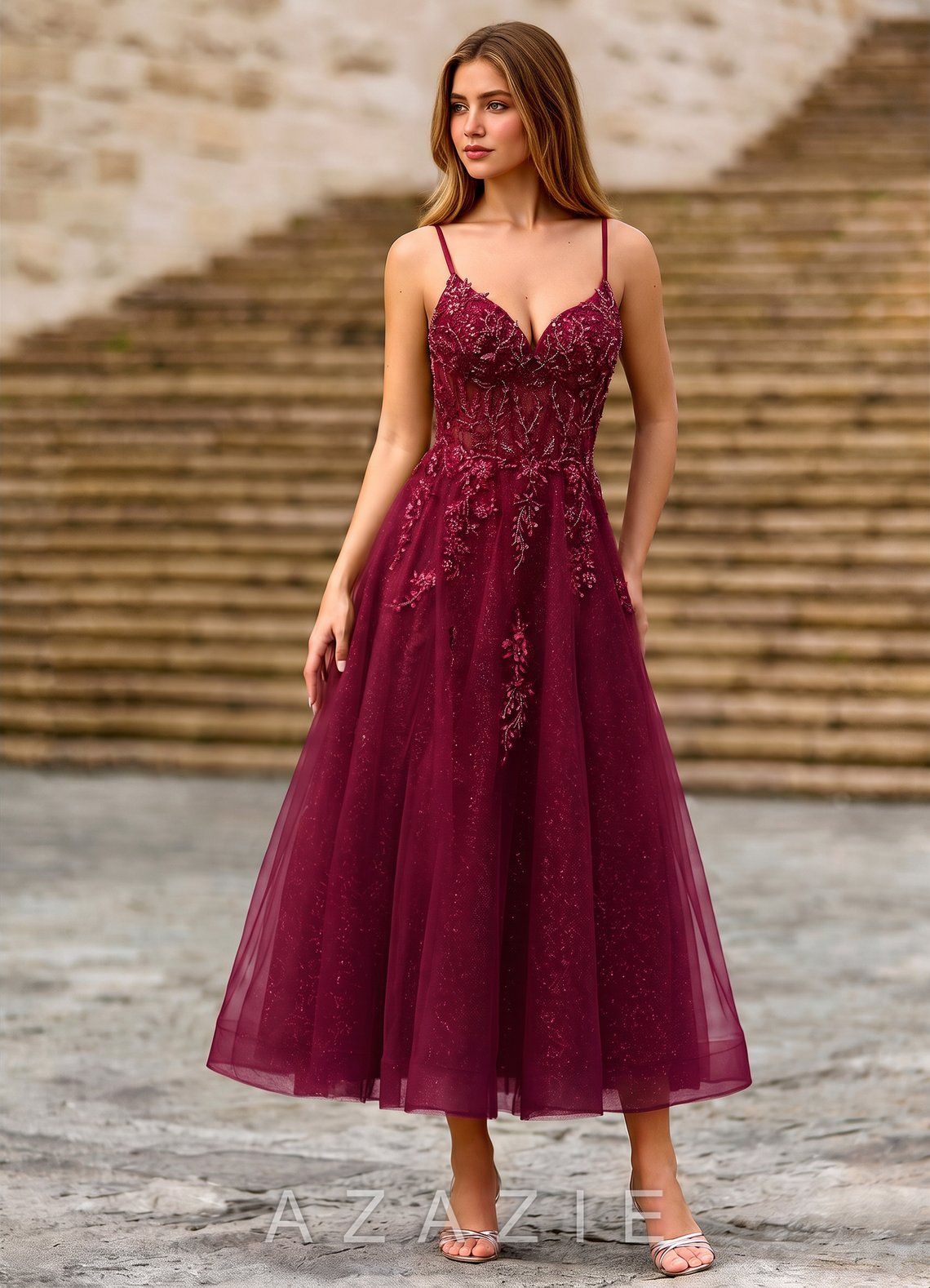 Clementinia Burgundy Sequin Embroidery Lace Beading Tulle Corset Maxi Dress