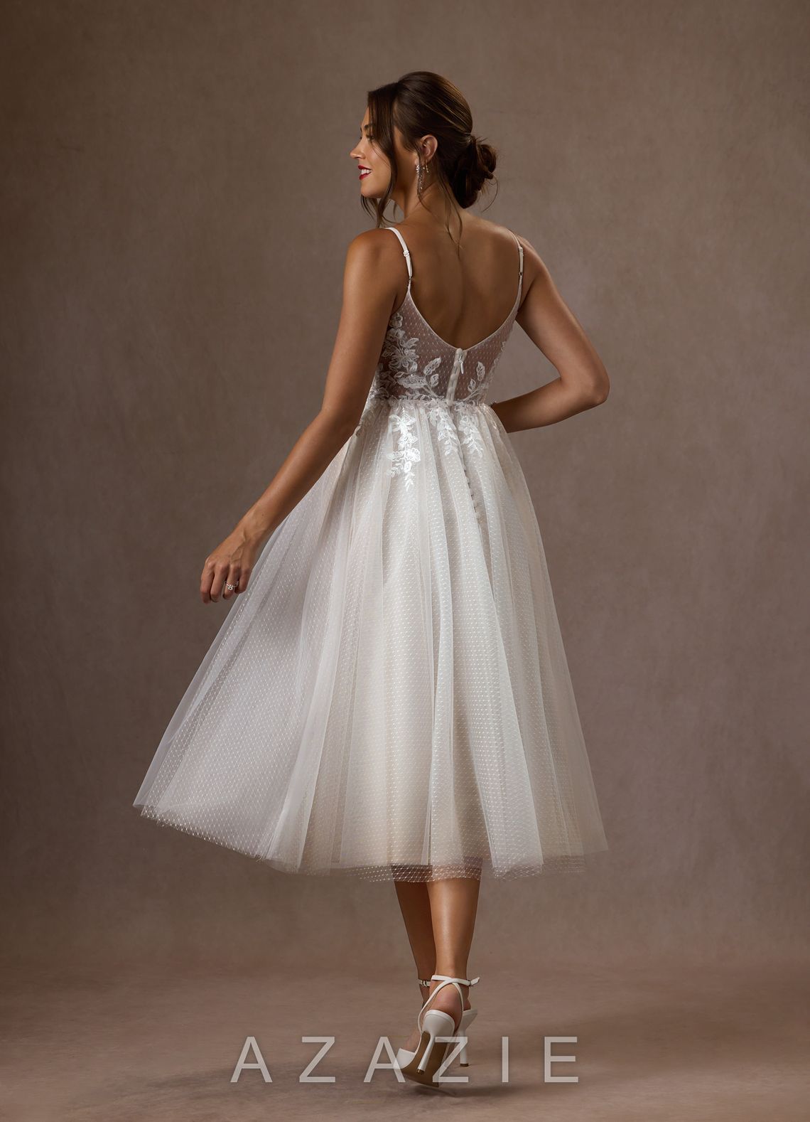 Azazie Liana Wedding Dress Diamond White A-Line V-Neck Sequins Tulle Dress diamond_white