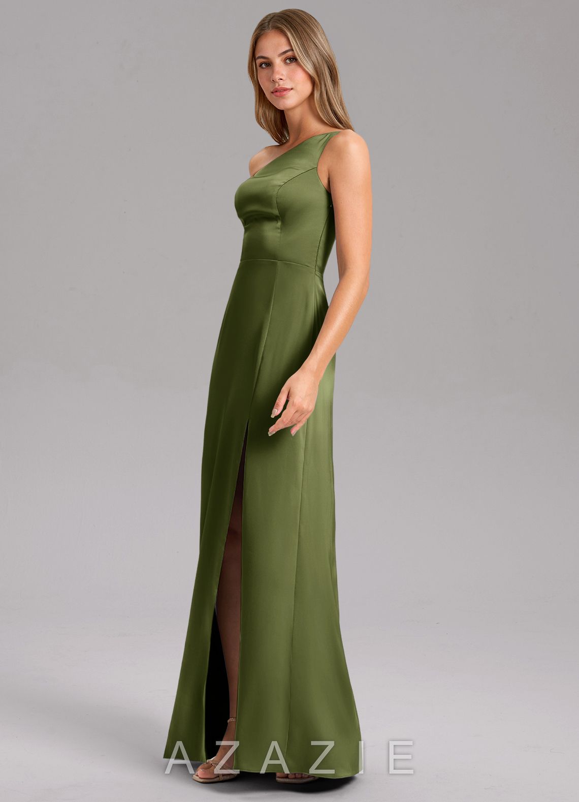 Azazie Phaedra Olive A-Line One Shoulder Stretch Satin Dress olive