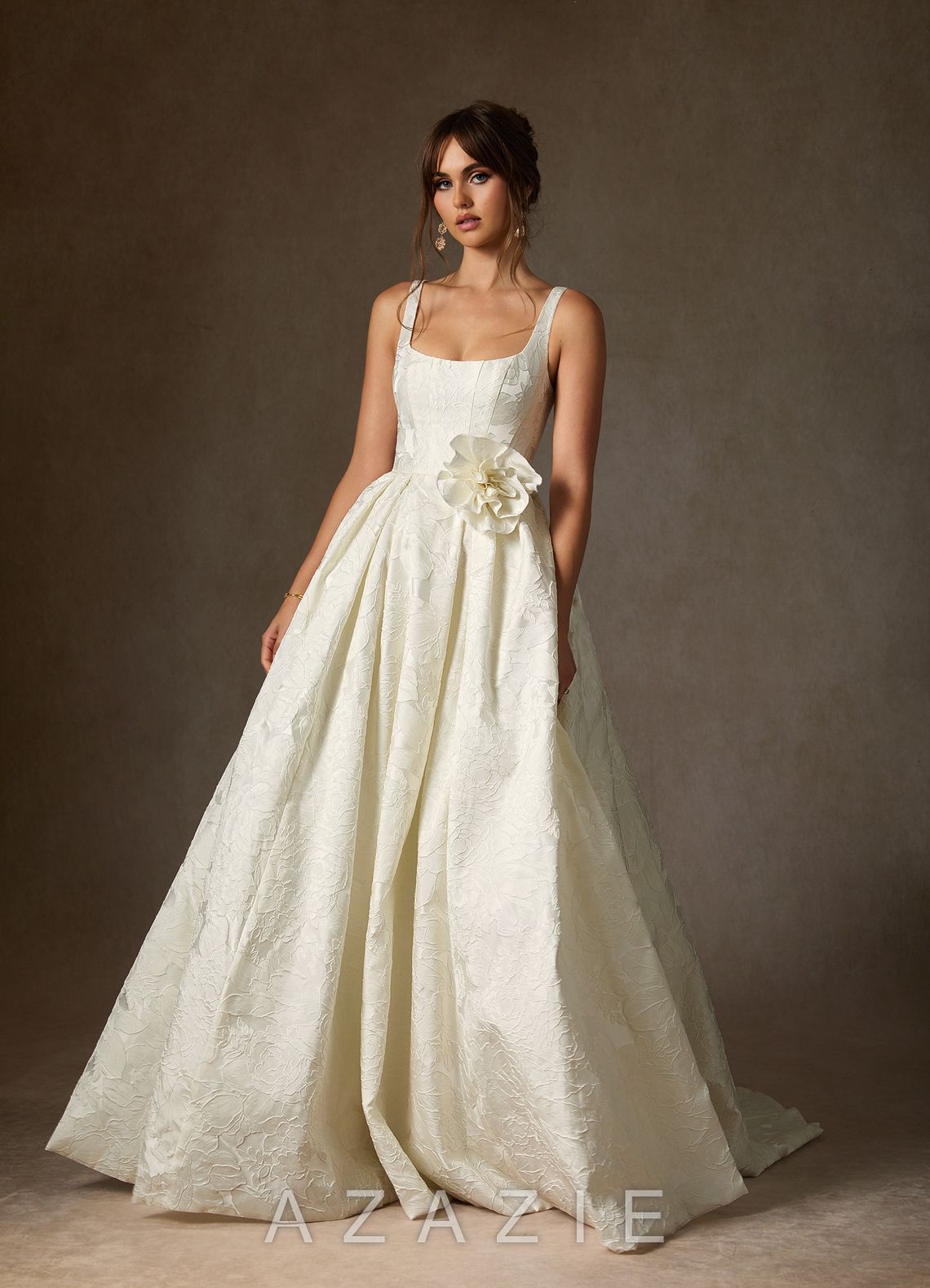 Azazie Ruby Antique White Ball-Gown with Pockets Floral Jacquard Dress antique_white