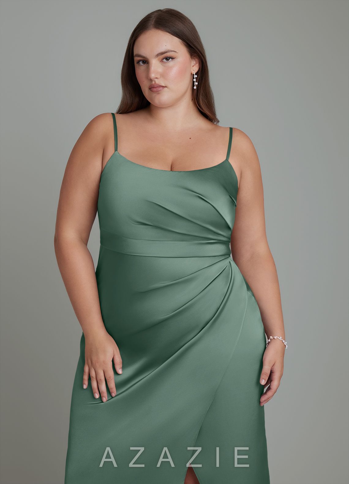Azazie Calandra Eucalyptus Sheath Pleated Stretch Satin Dress eucalyptus