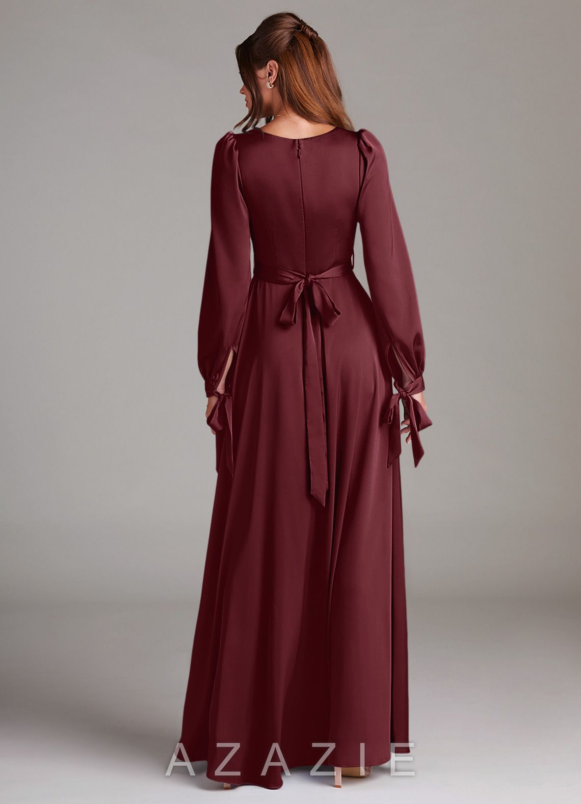 Azazie Leonia Cabernet A-Line Long Sleeve Stretch Satin Dress cabernet