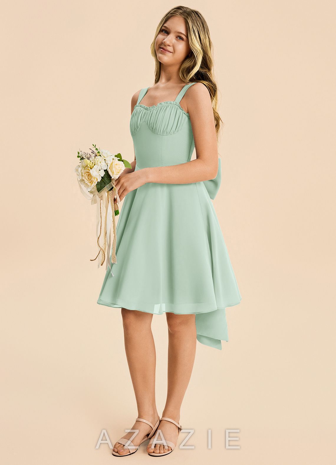 Azazie Arie Junior Agave A-Line Ruched Chiffon Dress agave