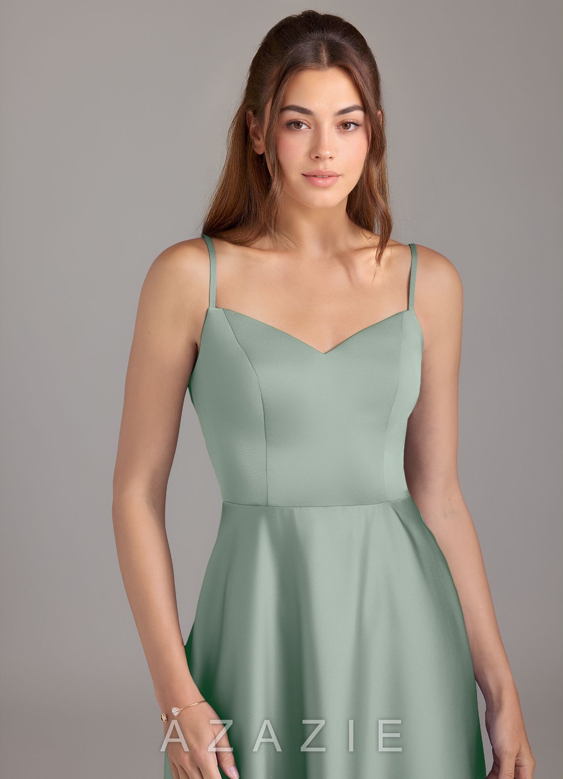 Azazie Marley Agave A-Line Off the Shoulder Stretch Satin Convertible Dress agave