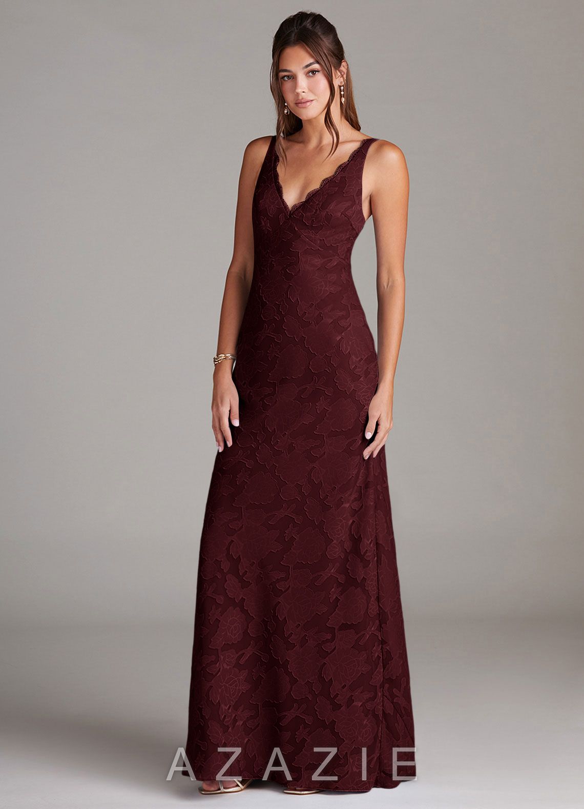 Azazie Tianna Cabernet Sheath Lace Floral Burnout Dress cabernet
