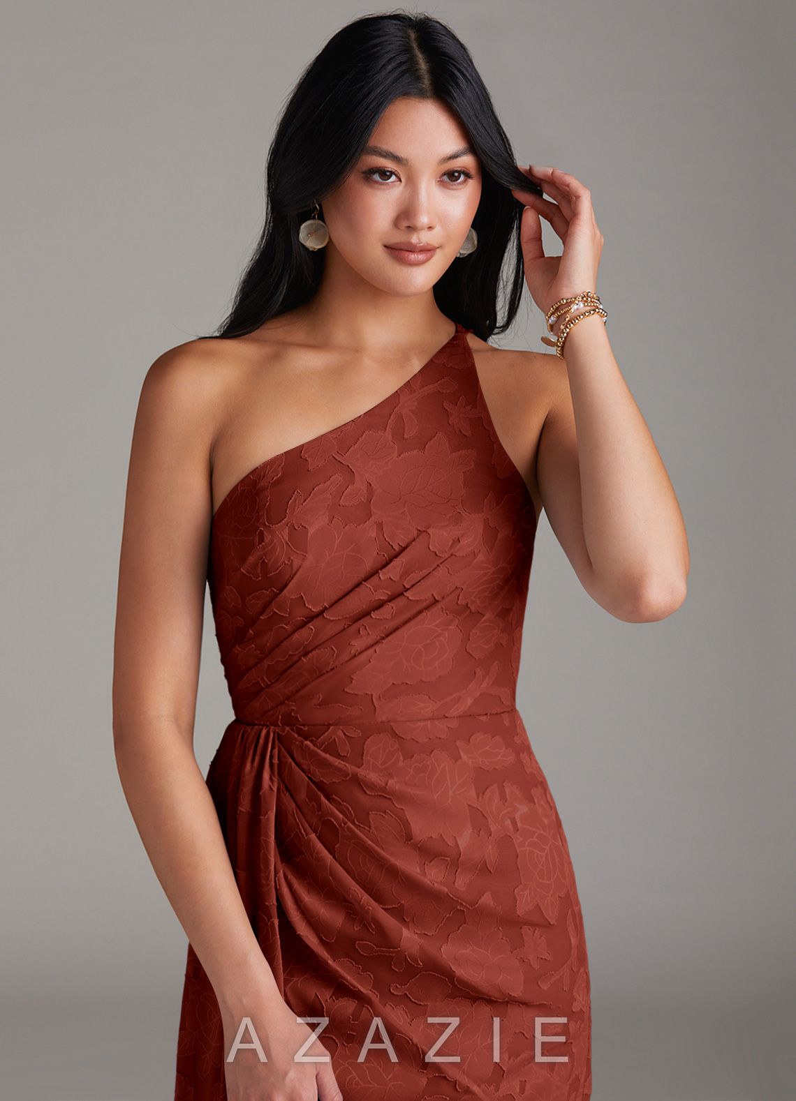 Azazie Mika Terracotta Sheath One Shoulder Floral Burnout Dress terracotta