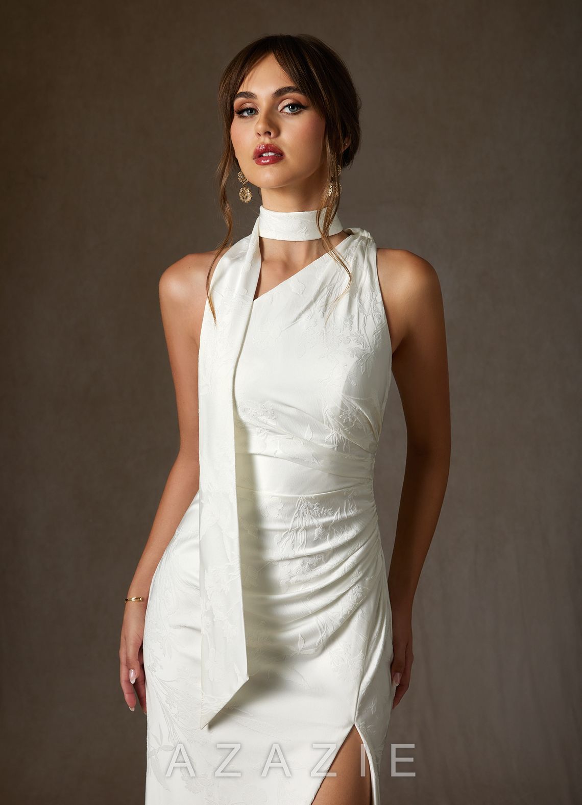 Azazie Misty Diamond White Sheath One Shoulder Floral Jacquard Dress