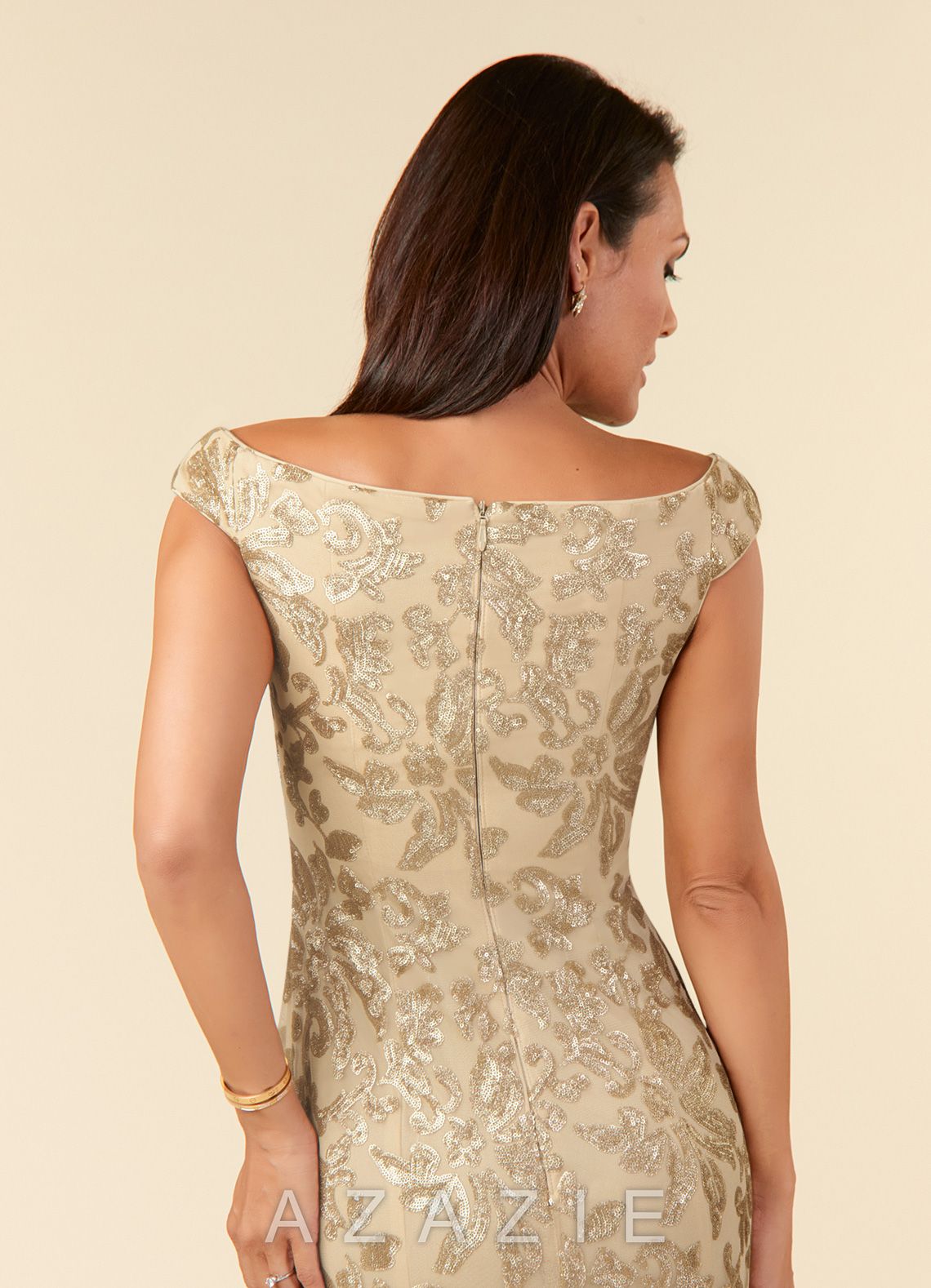 Azazie Porcelain Champagne A-Line Off the Shoulder Lace Dress champagne