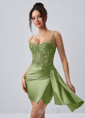 Calisthenia Sage Stretch Satin Corset Lace Rhinestones Mini Dress
