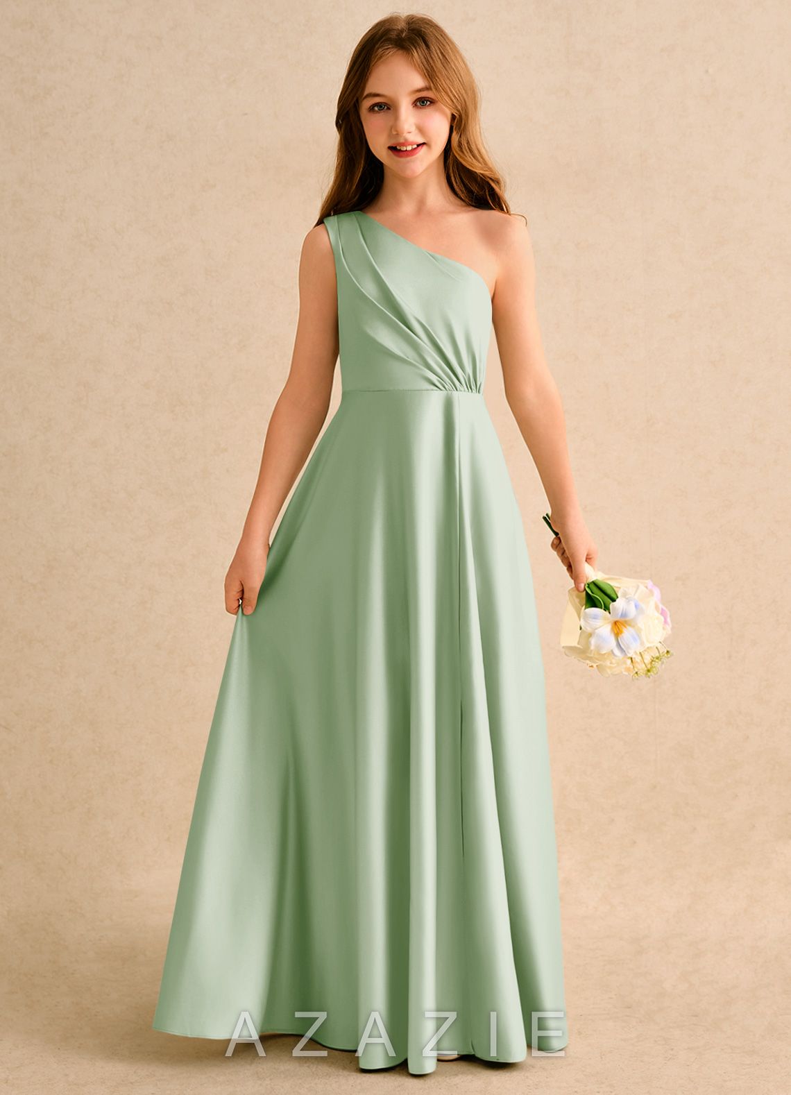 Azazie Puddles Girls Formal Dusty Sage A-Line One Shoulder Matte Satin Dress