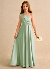 Azazie Puddles Girls Formal Dusty Sage A-Line One Shoulder Matte Satin Dress