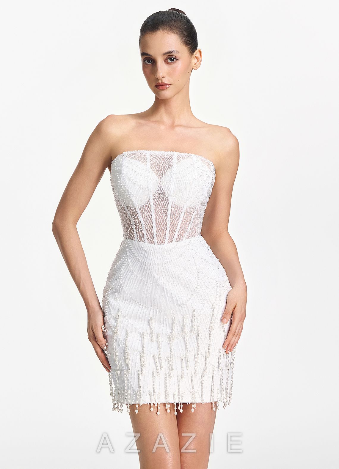 Malvina White Strapless Mesh Corset Pearl Fringe Mini Dress