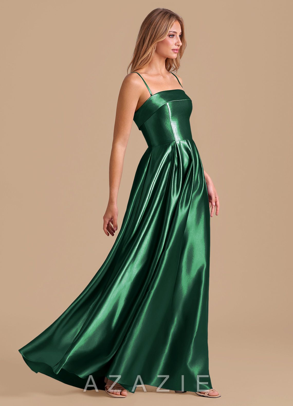 Azazie Lucienne Dark Green A-Line Pleated Metallic Satin Dress dark_green