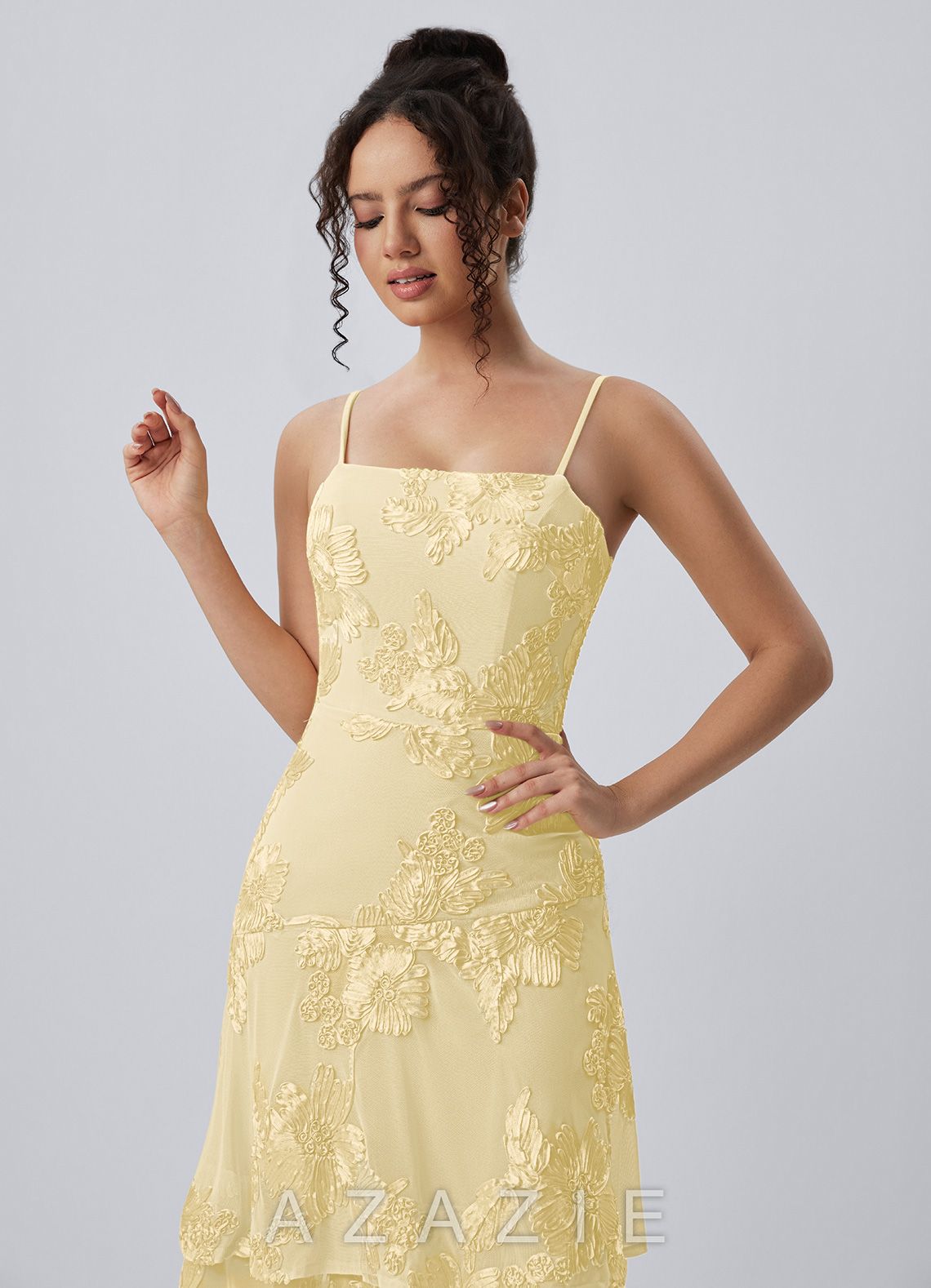 Araceli Lemon Sorbet Stretch 3D Flowers Lace Maxi Dress