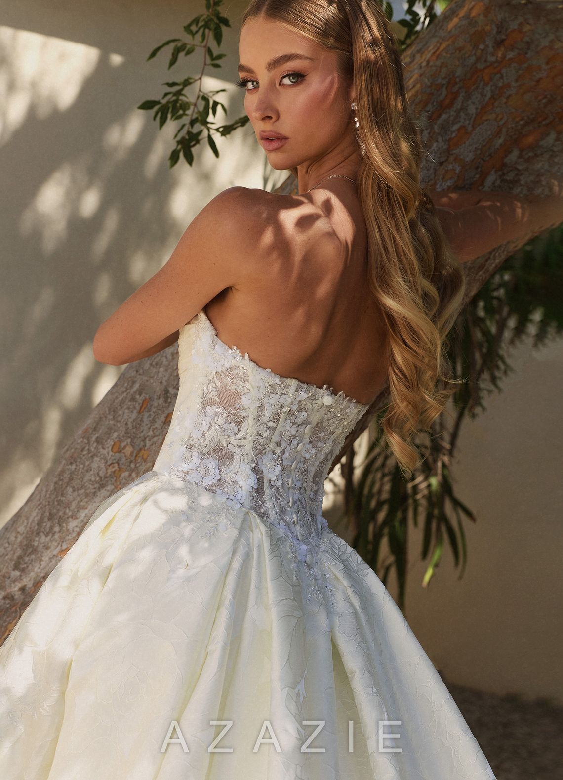 Azazie Genevieve Antique White Ball-Gown Strapless Floral Jacquard Dress