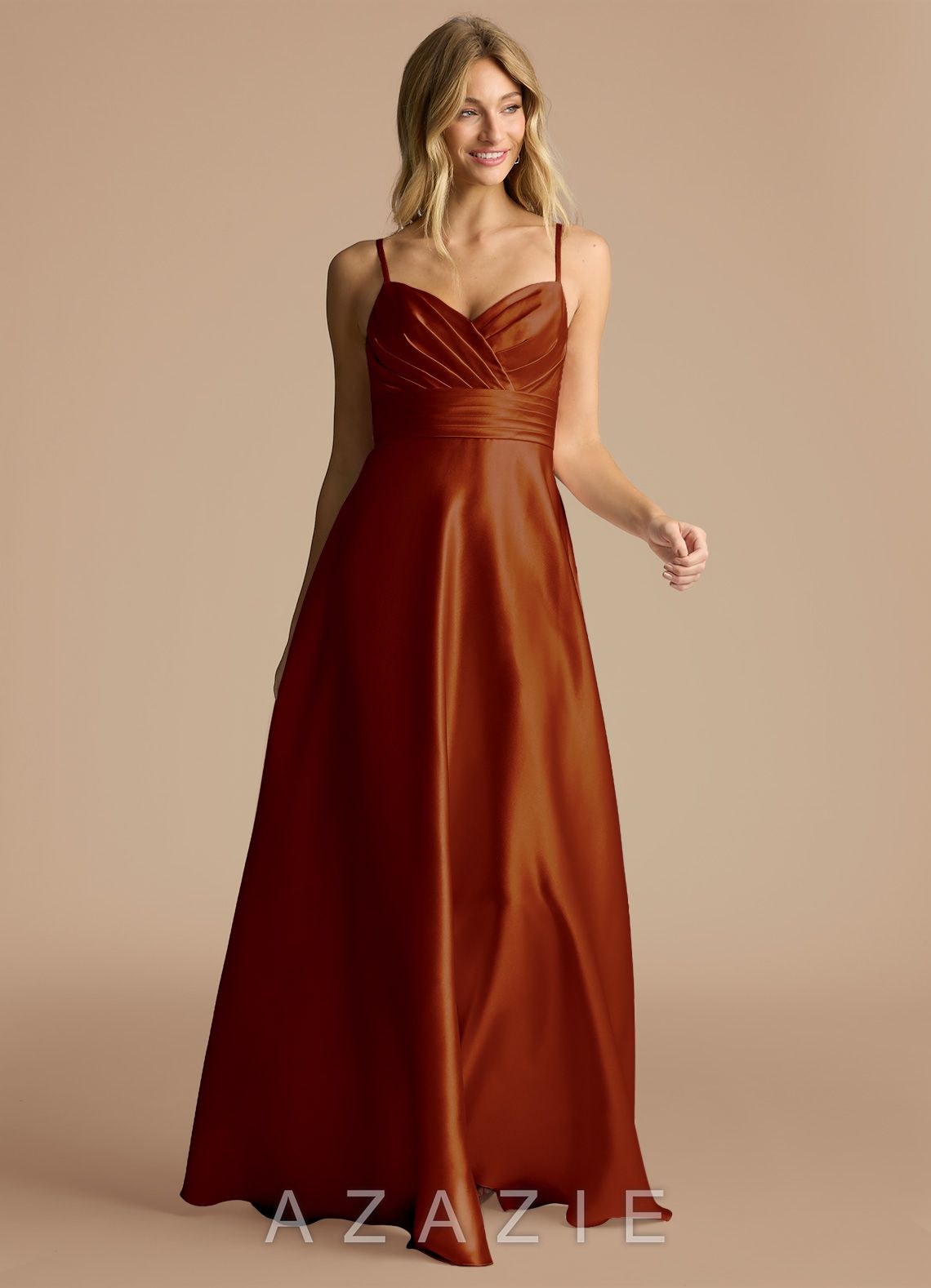 Azazie Oliana Auburn A-Line Sweetheart Neckline Metallic Satin Dress auburn