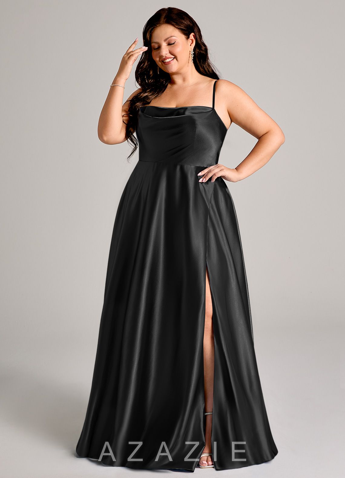 Azazie Elle Black A-Line with Pockets Metallic Satin Dress black