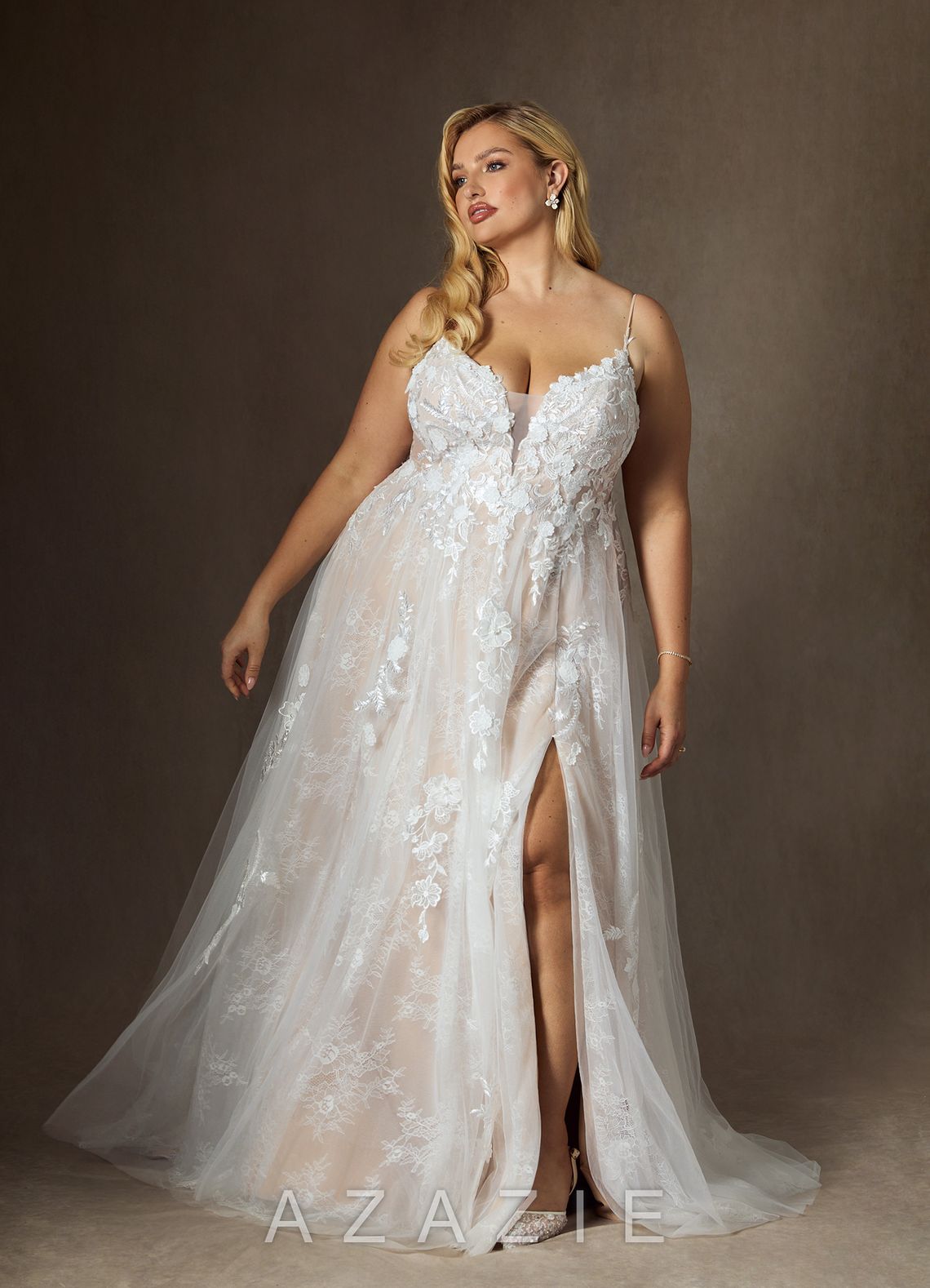 Azazie Monda Wedding Dress Diamond White Champagne A-Line Lace Tulle Dress