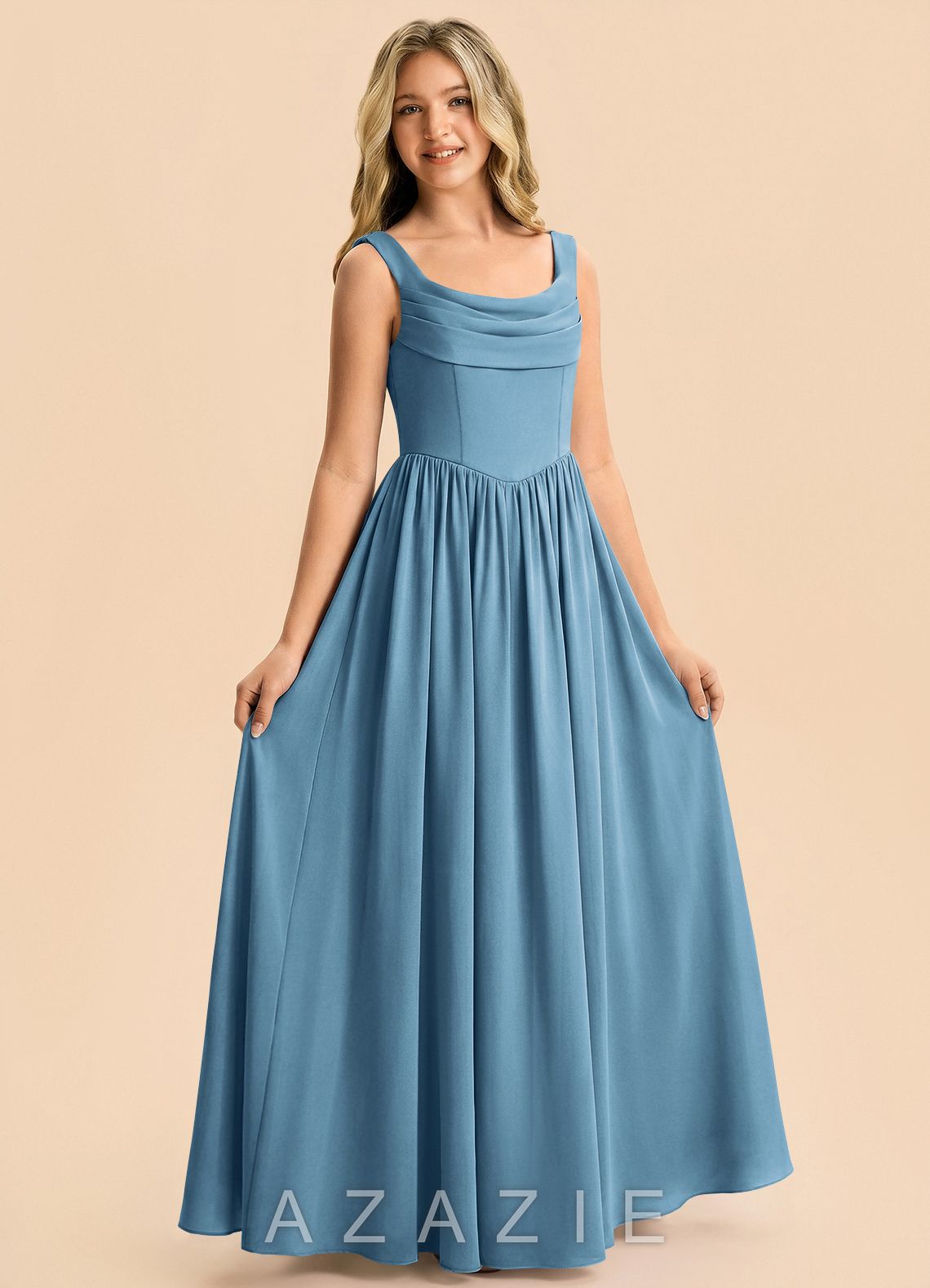 Azazie Novi Junior Steel Blue A-Line Pleated Stretch Satin Dress steel_blue