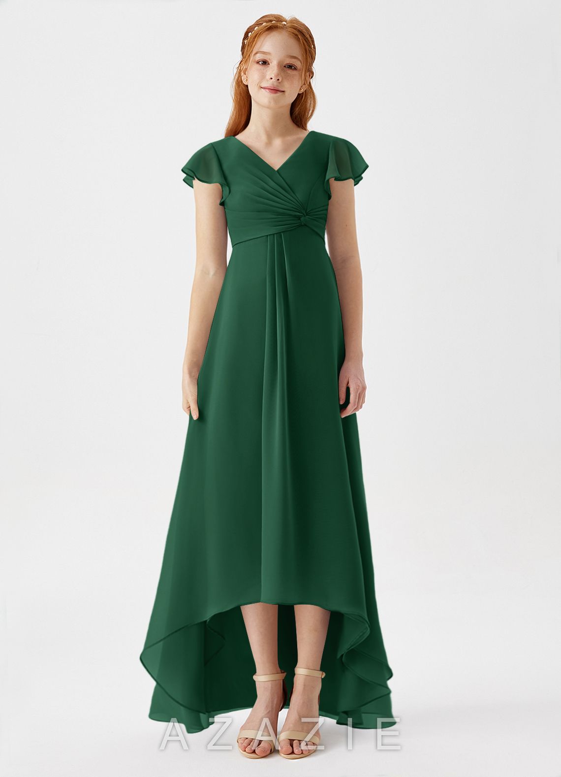 Azazie Breanne Junior Dark Green A-Line Chiffon Dress dark_green