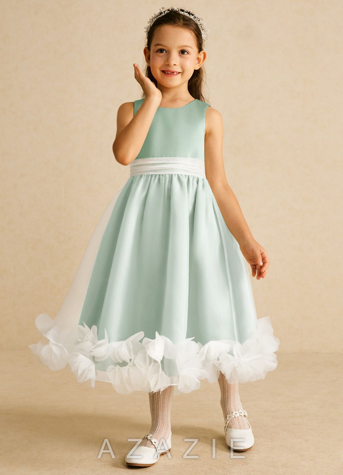 Azazie Stardust Agave A-Line Sleeveless Organza Dress agave
