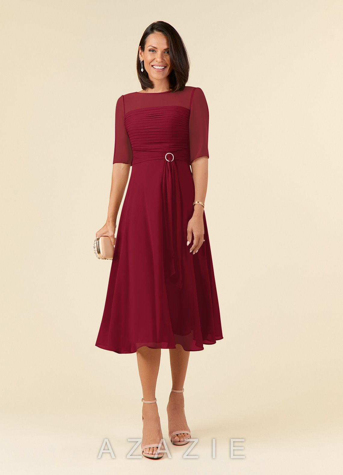 Azazie Naomi Burgundy A-Line Boatneck Pleated Chiffon Dress