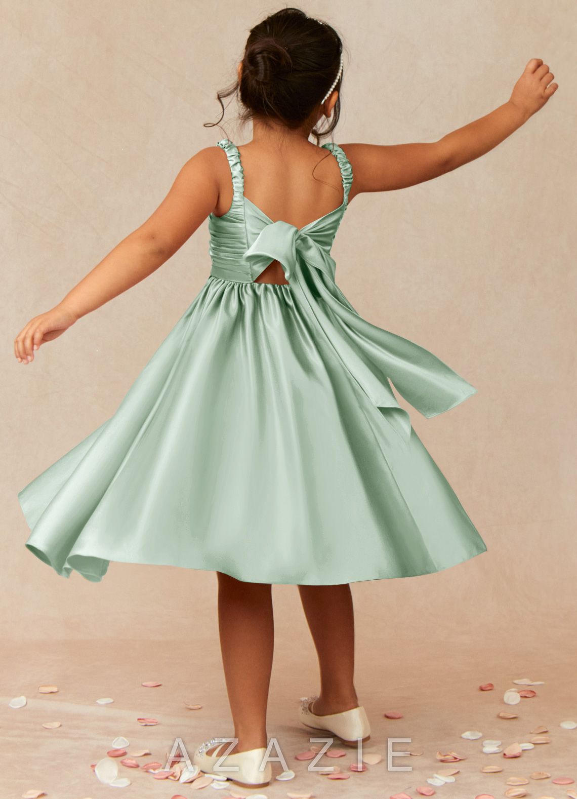Azazie Cutie Pie Agave A-Line Pleated Matte Satin Dress agave