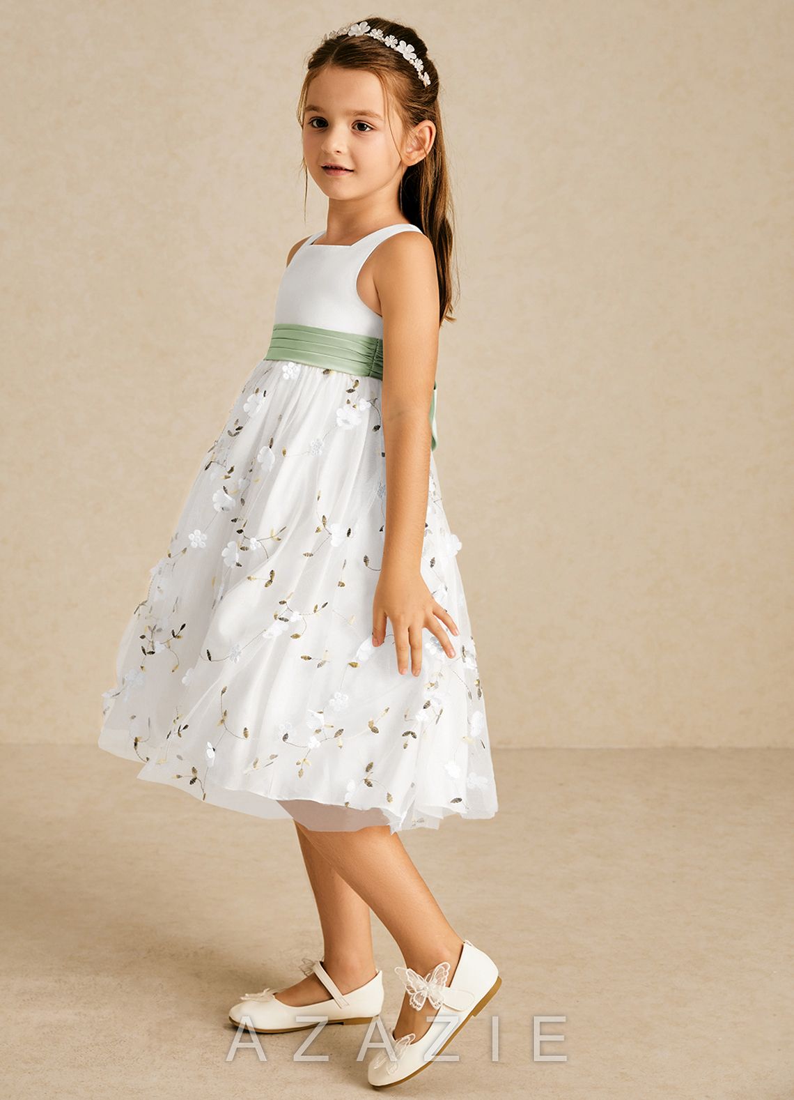 Azazie Pollie Ivory Dusty Sage A-Line Bow Tulle Dress ivory/dusty_sage