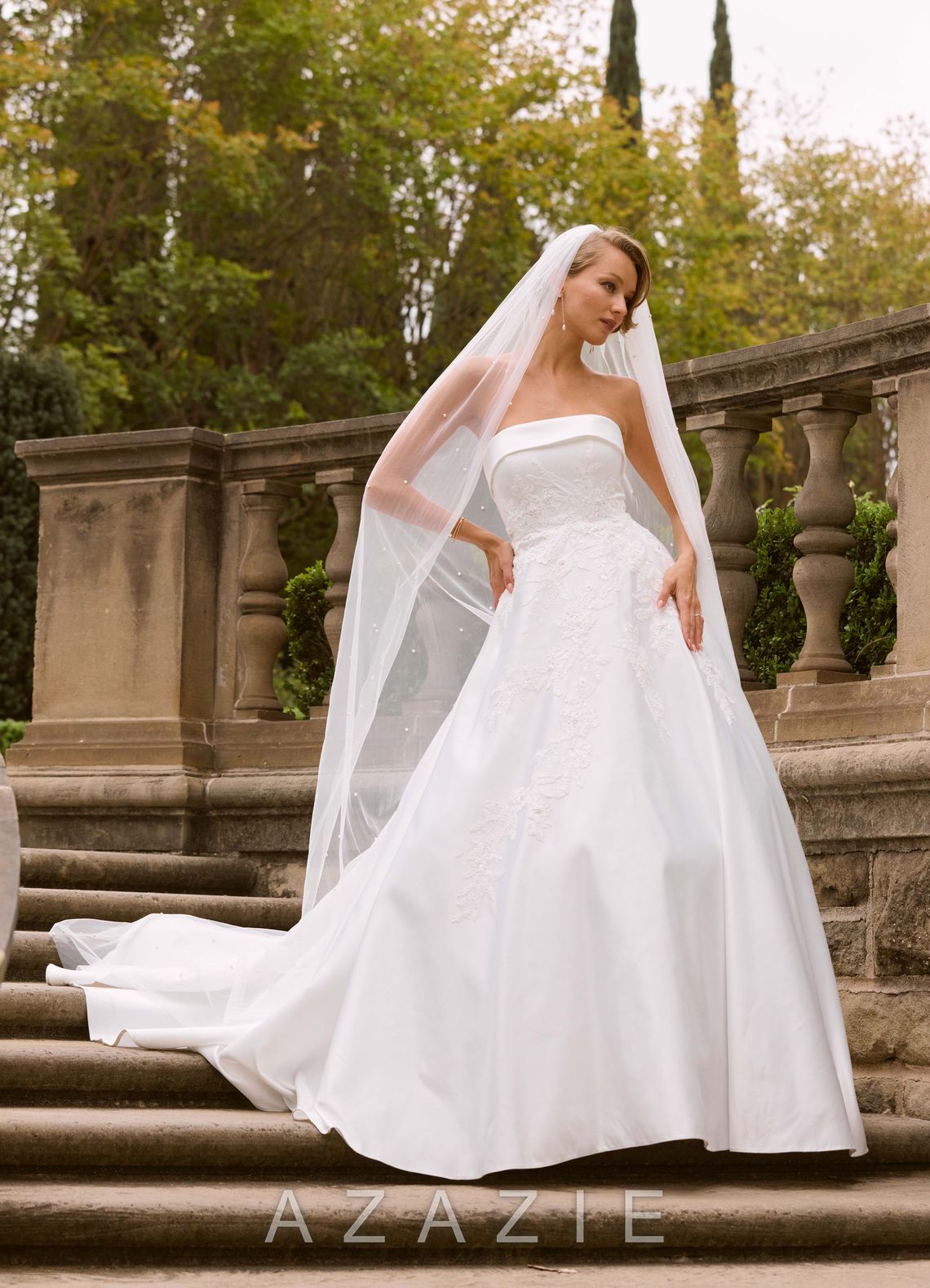 Azazie Fernanda Diamond White Ball-Gown Strapless Satin Dress diamond_white