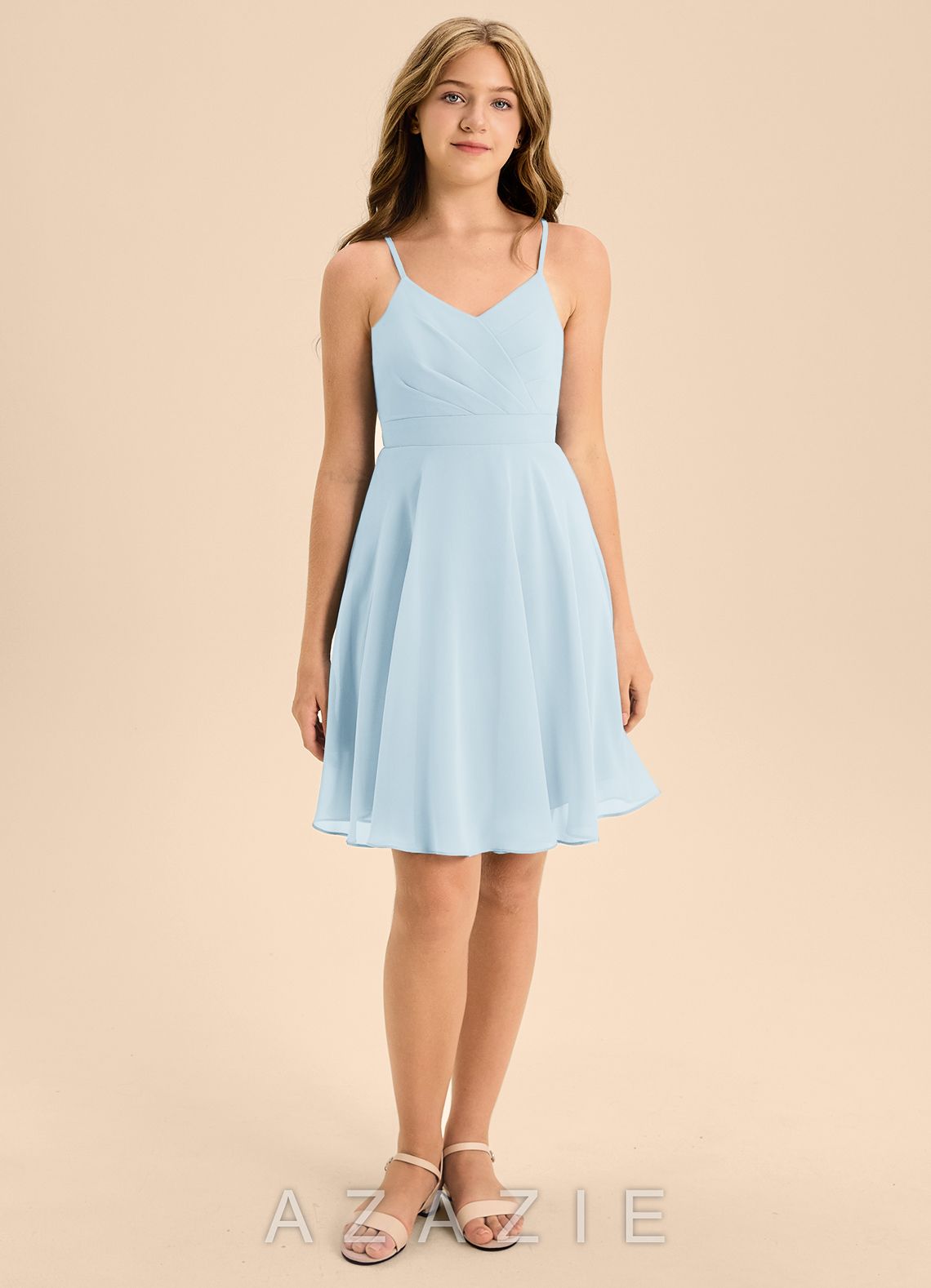 Azazie Avelina Junior Sky Blue A-Line Pleated Chiffon Dress sky_blue