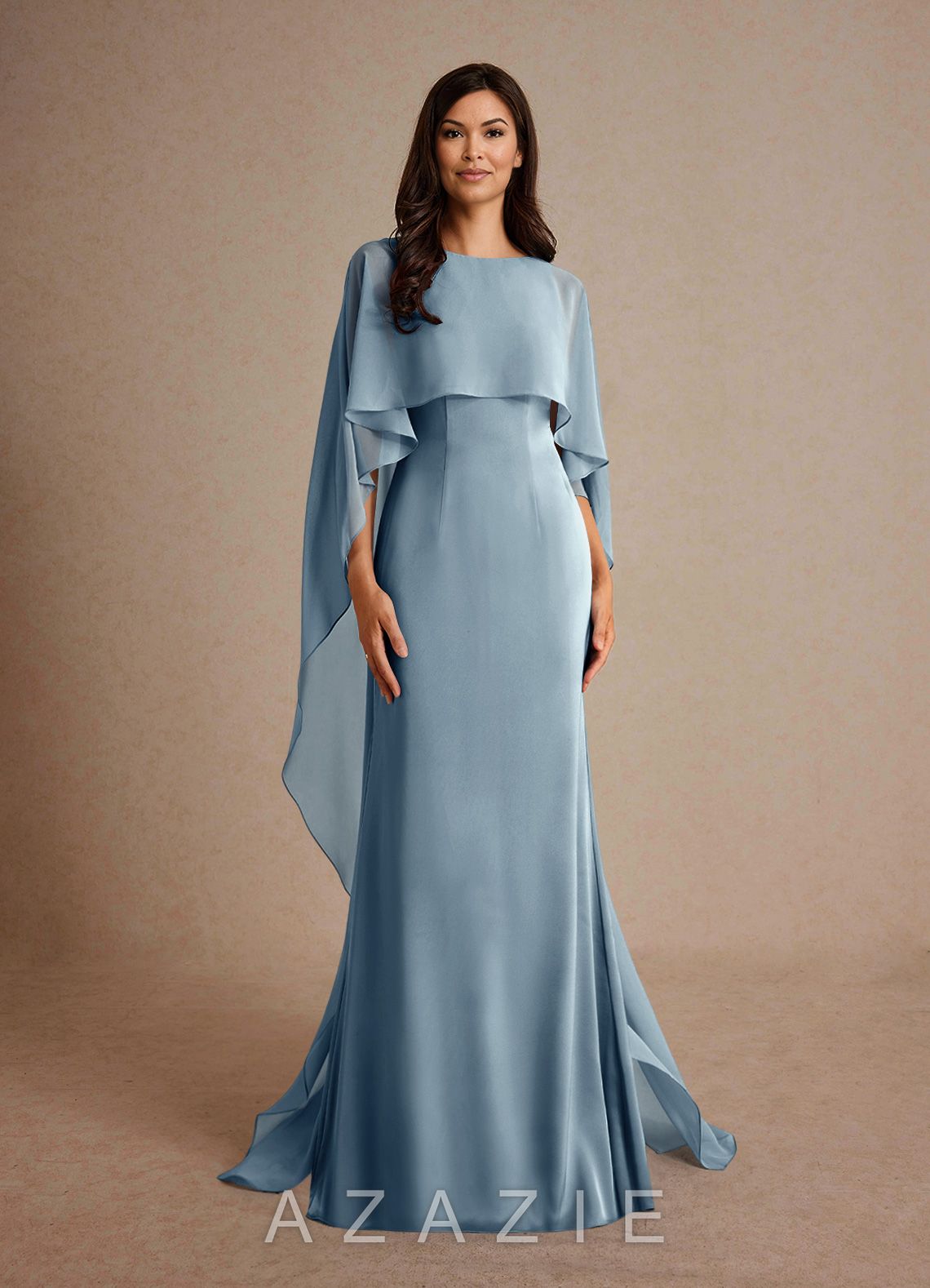 Azazie Milfred Dusty Blue Sheath Boatneck Stretch Satin Dress dusty_blue