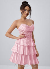 Maude Pink Strapless Floral Lace Corset Tiered Satin Mini Dress