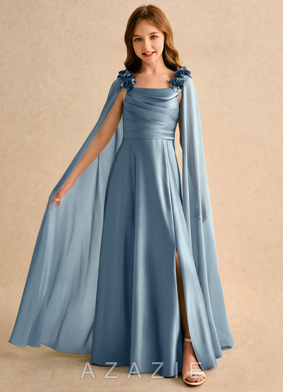 Azazie Rosita Girls Formal Dusty Blue A-Line Pleated Stretch Satin Dress dusty_blue